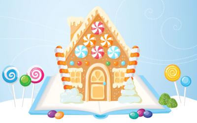 Candy-covered gingerbread house sits on an open book
