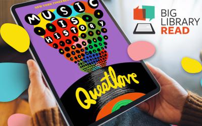 Hands holding a tablet displaying the Music Is History book cover