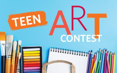 Above paintbrushes, colored chalk and pencils are the words Teen Art Contest 