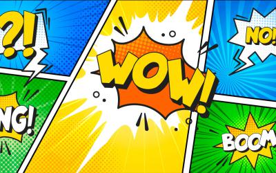 Illustration panels with action words and starbursts