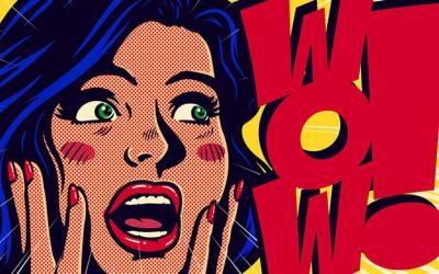 Comic-style woman with hands to her face and the word WOW