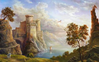 Painting of a castle on the coast with a horse and rider in the foreground