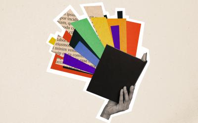 Illustration of hand holding book with color shapes and words shooting out