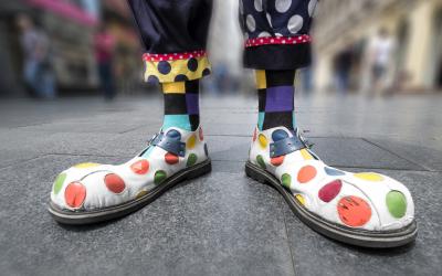 Giant clown shoes with colorful polka dots