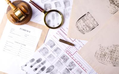 Detective case files with fingerprints and a magnifying glass