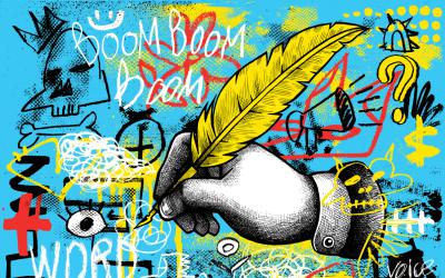Illustration of a hand holding a quill against a graffiti background