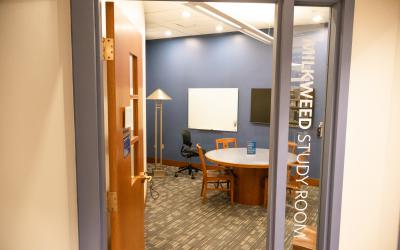 View through door of Milkweed Study Room at Northwest Library