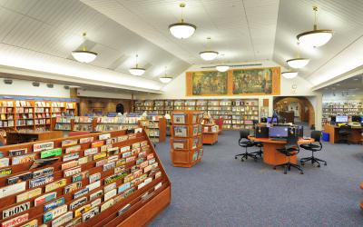 View of the current periodicals, computers and murals in the popular library