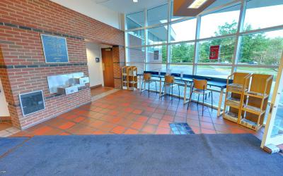 Seating and bathrooms in Northwest Library lobby