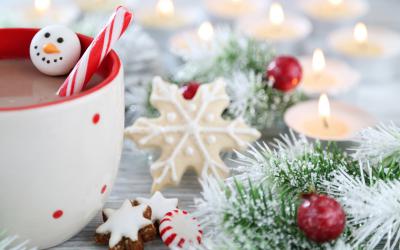 Winter greenery, mug of cocoa and candles