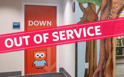 Old Worthington Library elevator with banner that reads Out of Service