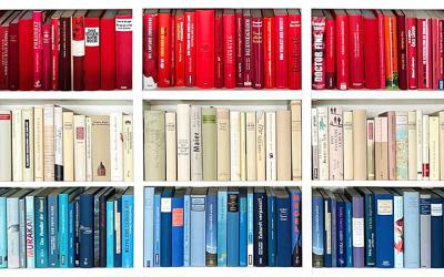 Red, white and blue books on shelves