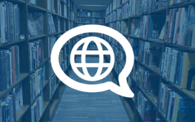 Globe in a speech bubble overlaying library shelves