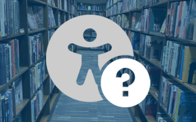 Universal access and help icon overlaying book shelves