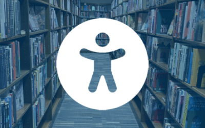 Universal access icon overlaying book shelves