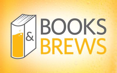 Text logo for Books and Brews featuring a book and beer glass