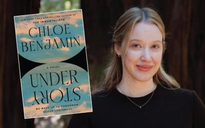 The Author, Chloe Benjamin, next to an image of the cover of her book, Under Story