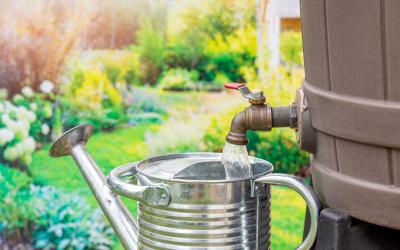 A watering can being refilled from a rain catching barrel next to a garden