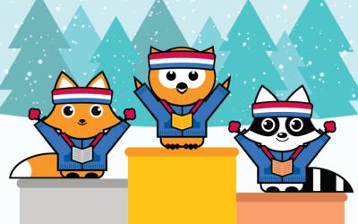 A fox, owl and raccoon on tiered stands with arms raised