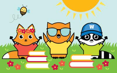 A fox, owl and raccoon raise arms behind stacks of books