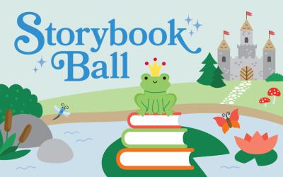 A cartoon image of a frog sitting on books on a lily pad in a pond with a castle in the background, promoting the Storybook Ball event.