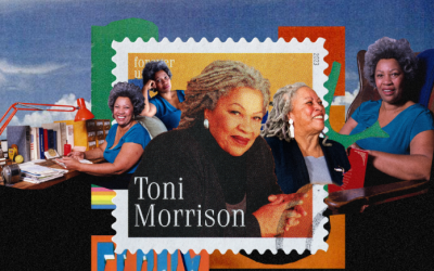 An artistic image featuring different pictures of author Toni Morrison.