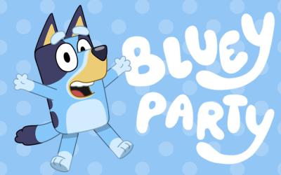 A cartoon image of Bluey the dog with the words Bluey Party next to her.