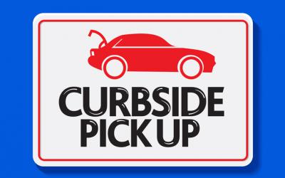 Illustration of a car with its trunk open on a curbside pickup sign
