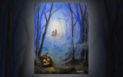 A chalk pastel portrait of a scary forest with a jack-o-lantern.