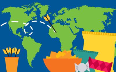 Various snack bags and a world map