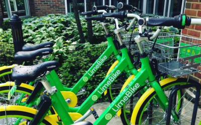 LimeBikes lined up outside Old Worthington Library
