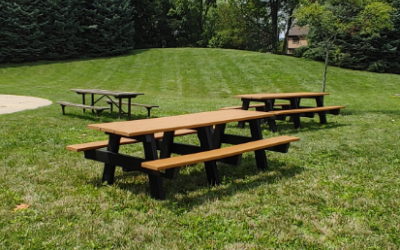 Three picnic tables in the grass