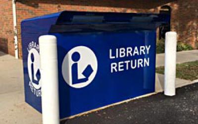 Blue bookdrop at Old Worthington Library