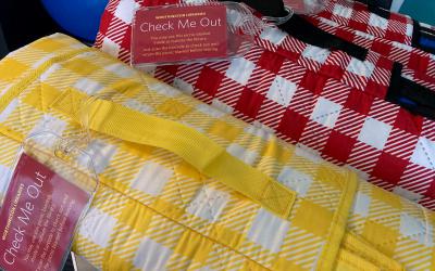 Red and yellow gingham picnic blankets with "Check Me Out" tags