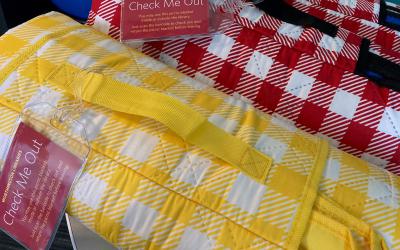 Red and yellow gingham picnic blankets with "Check Me Out" tags