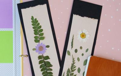 Pressed flowers decorate a bookmark