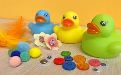 Rubber ducks, buttons, pom poms and other supplies
