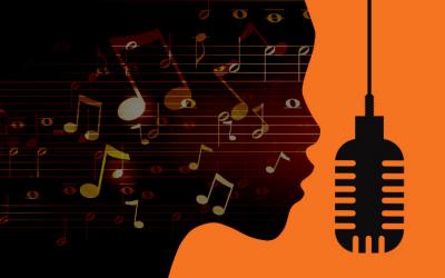 Shadowed face in profile filled with musical notes, singing into a microphone