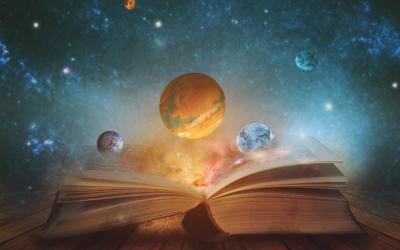 Planets and stars around an open book