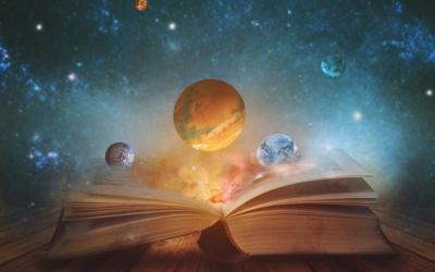 Planets and stars around an open book