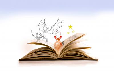 Illustrated images leaping off the pages of an open book