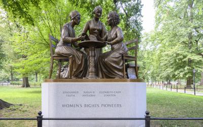 Monument showing bronze sculpture of Sojourner Truth, Susan B. Anthony and Elizabeth Cady Stanton